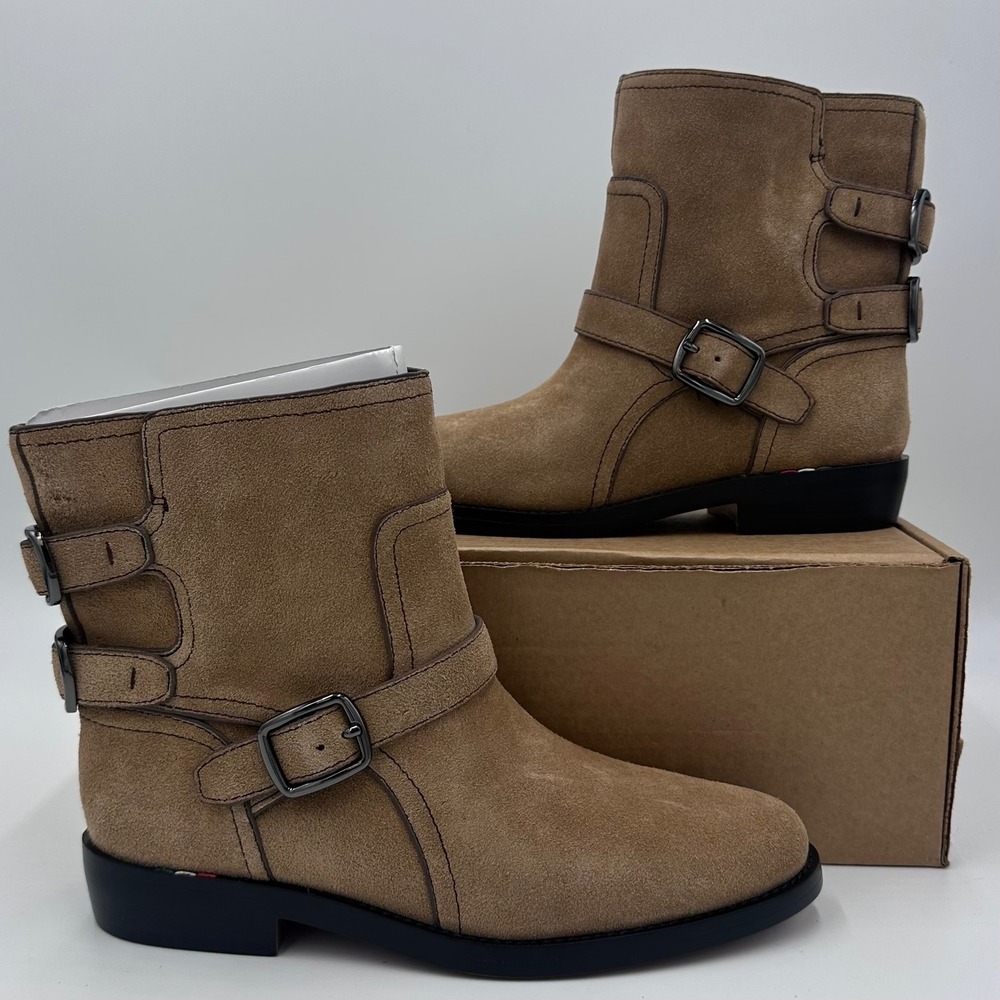Franco Sarto Ankle Boots Womens 8M Tan Prina Suede Triple Buckle Moto Booties